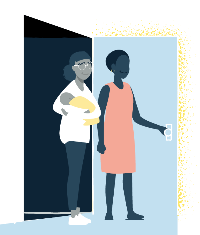 2 woman and 1 toddler entering doorsteps