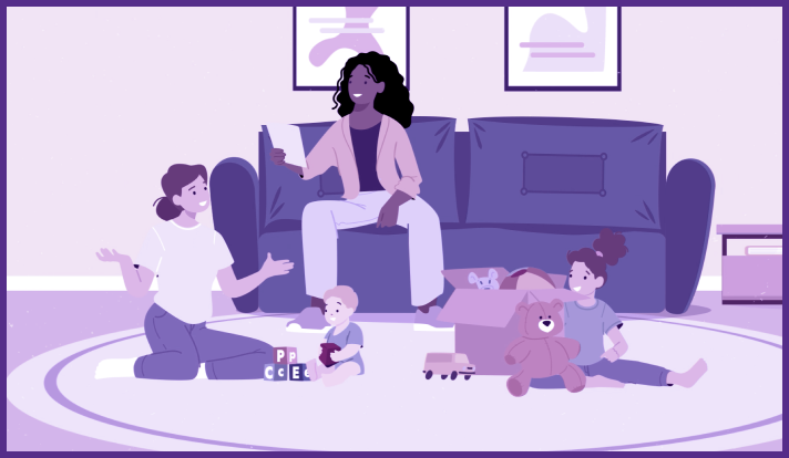 A woman on a couch smiling and speaking with a woman and 2 children on the floor