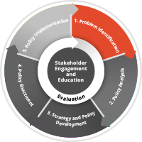 Stakeholder Engagement and Education. 1. Problem Identification (highlighted), 2. Policy Analysis, 3. Strategy and Policy Development, 4. Policy Enactment, 5. Policy Implementation