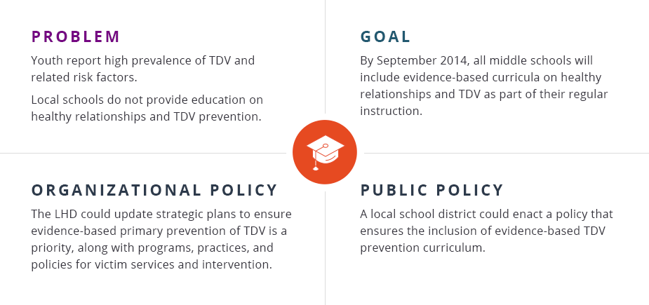 Problem: Youth report high prevalence of TDV and related risk factors.  Local schools do not provide education on healthy relationships and TDV prevention.   Goal: By September 2014, all middle schools will include evidence-based curricula on healthy relationships and TDV as part of their regular instruction.    Organizational policy: The LHD could update strategic plans to ensure evidence-based primary prevention of TDV is a priority, along with programs, practices, and policies for victim services and intervention.  Public policy: A local school district could enact a policy that ensures the inclusion of evidence-based TDV prevention curriculum. 