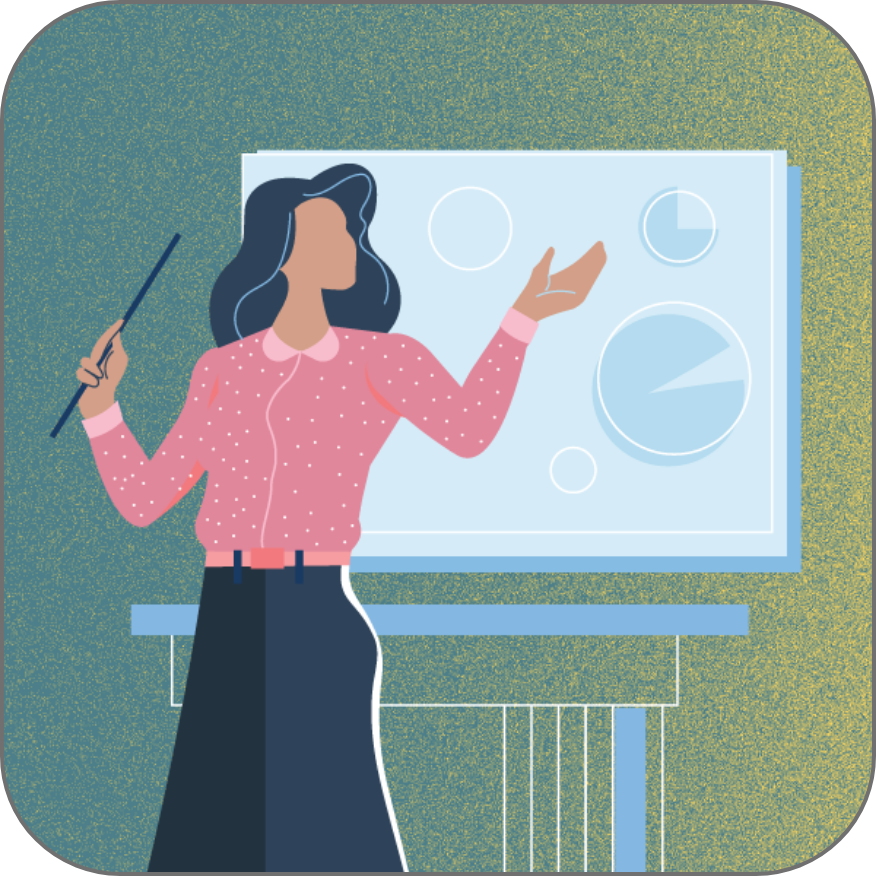 teacher in front of board of pie charts drawing